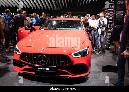 Paris, France, October 2018 blue Mercedes-AMG A 35 4MATIC+ at Mondial Paris  Motor Show, 4th gen A-class W177 produced by Mercedes Benz Stock Photo -  Alamy