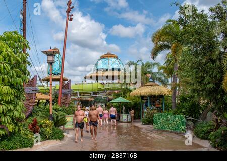 Orlando, Florida. March 10, 2020. People walking  at Volcano Bay in Universal Studios area Stock Photo