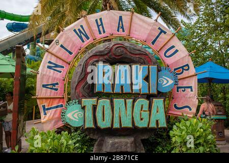 Orlando, Florida. March 10, 2020. Taniwha Tubes Raki Tonga sign at Volcano Bay in Universal Studios area Stock Photo