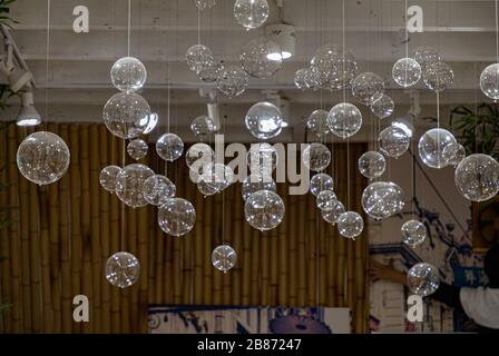 Defocused transparent bubbles floating on blurry background of bamboo branches. Glass bulbs on string fishing lines. Abstract bubbled backdrop. Stock Photo