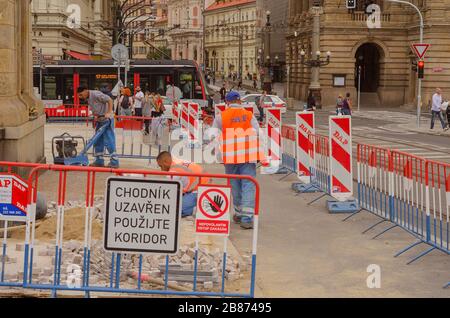 Praha/Central Bohemia/Czech Republic - 16, ‎09, ‎2019: Road workers repair the sidewalk Stock Photo