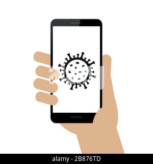 hand holds smartphone with virus icon isolated on white background vector illustration EPS10 Stock Vector