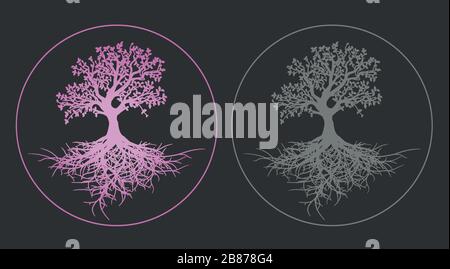 Beautiful set of life tree set pink gradient and gray tree silhouette with roots Stock Vector