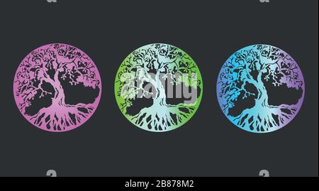 Big set vector tree of life with bright neon gradient prints Stock Vector