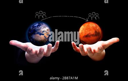 go to mars project concept idea from earth illustration on human hand with dark background. Stock Photo