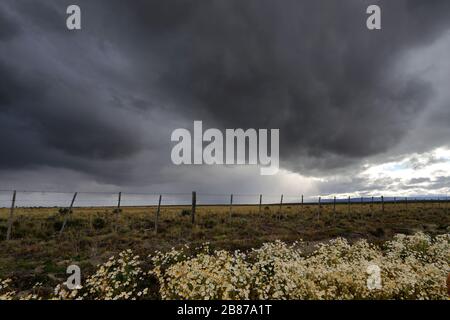 Dramatic clouds over the Patagonia Steppe desert, near Punta Arenas city, Patagonia, Chile, South America Stock Photo