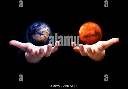 go to mars project concept idea from earth illustration on human hand with dark background. Stock Photo