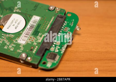 close-up view of an internal hard disk of a notebook connected to an external usb box Stock Photo