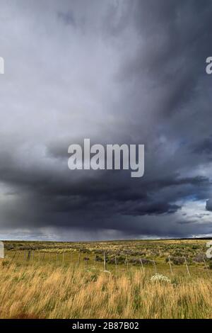 Dramatic clouds over the Patagonia Steppe desert, near Punta Arenas city, Patagonia, Chile, South America Stock Photo