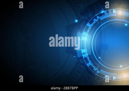 Abstract technology background with circle of innovation and blue, orange sparkle effect. Stock Vector