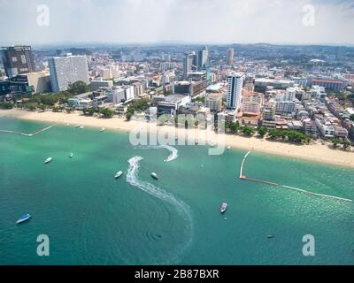 Aerial View With Drone. Tourists at Pattaya Beach, Chonburi, Thailand. Beautiful landscape Hat Pattaya Beach. Stock Photo