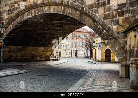 Prague, Czech republic - March 19, 2020. Street Na Kampe by Charles Bridge without tourists during coronavirus travel ban Stock Photo