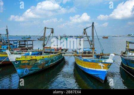 Jaffna, Sri Lanka - February 2020: Fishing boats in the fishing district of Jaffna on February 23, 2020 in Jaffna, Sri Lanka. Stock Photo