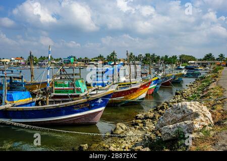 Jaffna, Sri Lanka - February 2020: Fishing boats in the fishing district of Jaffna on February 23, 2020 in Jaffna, Sri Lanka. Stock Photo
