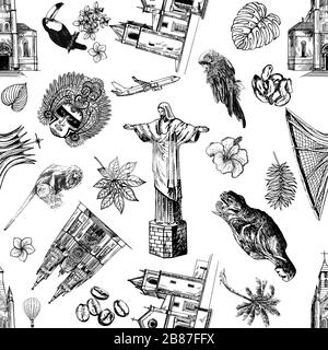 Seamless pattern of hand drawn sketch style Brazil related objects isolated on white background. Vector illustration. Stock Vector