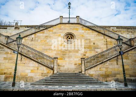 Prague, Czech republic - March 19, 2020. Street Na Kampe by Charles Bridge without tourists during coronavirus travel ban Stock Photo