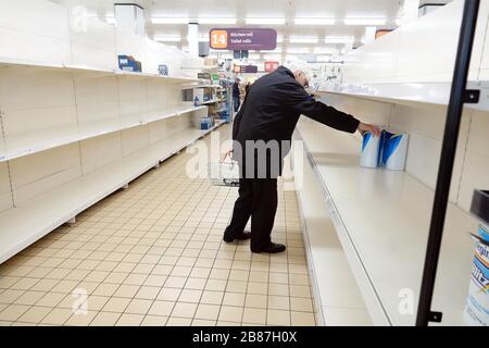 pic shows: empty shelves at SainsburyÕs  Toilet rolls all gone with just a few disposable napkins and placemats left to use for toilet wiping    Life Stock Photo