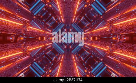 3d illustration background wallpaper graphic artwork of a futuristic scifi space ship hangar tunnel corridor passageway with glowing neon lights and Stock Vector