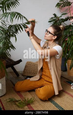 Young woman in eyeglasses sitting on the floor and cutting old branch with scissors she caring about plant Stock Photo