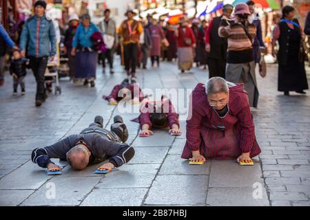 Prostrating worshippers at Barkhor, Lhasa, Tibet Stock Photo