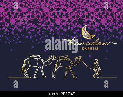 Ramadan kareem night vector card with camel caravan, camelcade, stars, moon. Stock Vector