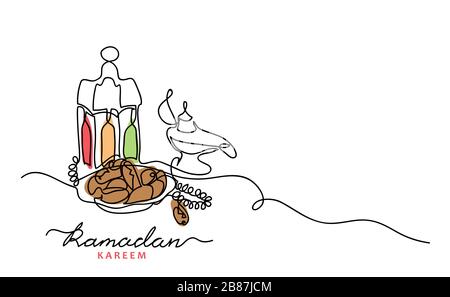 Lantern, lamp, date fruit. islamic fasting food backgroud, vector illustration. Stock Vector