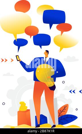 Illustration of a businessman chatting. Vector. Metaphor. A man with a light bulb surrounded by comic bubbles. Flat illustration. Messengers and chatt Stock Vector