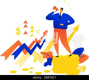 Illustration of a businessman speaking into a megaphone. Vector. The fall of stocks, assets, bonds. Exchange rates. Graphs of falling and rising curre Stock Vector