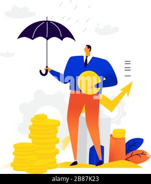 Illustration of a businessman with coins under an umbrella. Vector. Metaphor. A man is trying to keep his capital from inflation. The fall of stocks o Stock Vector