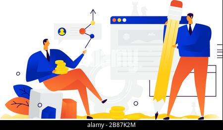 Illustration of a man with a pencil and a businessman with coins. Vector. Metaphor. Businessman gives advice. Interface development. A sense of conten Stock Vector