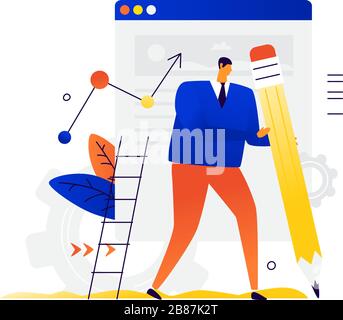 Illustration of a man with a pencil on the background of the site. Vector. Metaphor. A businessman takes notes in the margins. Notes and ideas in a no Stock Vector