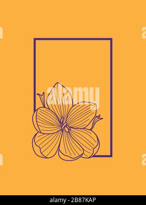 Delicate Purple Crocus Flower Frame Line Drawing on Orange Background. Saffron. Logo. Minimalism Stock Vector