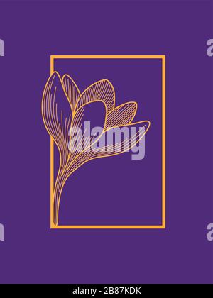 Crocus Flower in Frame Design. Orange on Purple. Minimalist Design Stock Vector