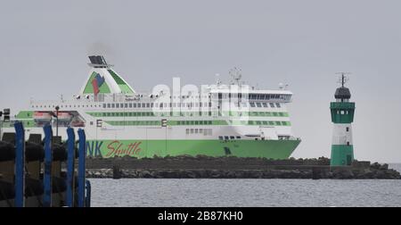 20 March 2020, Mecklenburg-Western Pomerania, Sassnitz: The Tallink ship 'Star' is sailing to the port of Sassnitz-Mukran. The Estonian ferry company Tallink has launched a new freight line to Germany and Western Europe. A ferry will transport trucks once a day, alternating between Mukran on the island of Rügen and the port of Paldiski near Tallinn. Photo: Stefan Sauer/dpa-Zentralbild/dpa Stock Photo