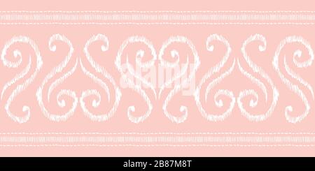 Hand-Drawn Pink and White Heart Shape Traditional Ikat Vector Seamless Pattern Horizontal Border Stock Vector