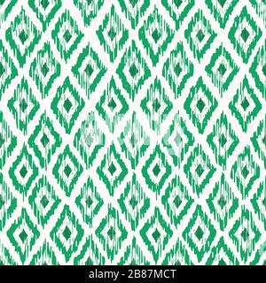 Hand-Drawn Monochrome Emerald Green Traditional Ikat Diamonds Vector Seamless Pattern Stock Vector