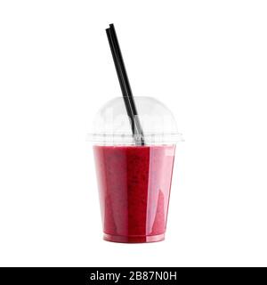 Red Strawberry smoothie in plastic cup with straw isolated on white background. Berry healthy beverage. Detox drink. Stock Photo