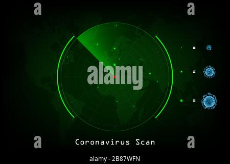 Concept of Coronavirus, green radar is scanning the area of Europe and  Africa to find type and or infected quantity of Coronavirus (COVID-19). Stock Vector