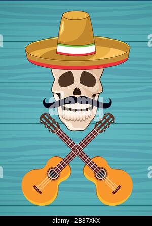 cinco de mayo celebration card with mariachi skull and guitars Stock Vector