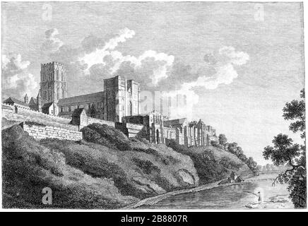 An engraving of The Cathedral Church of Durham scanned at high resolution from a book published in 1784. Believed copyright free. Stock Photo