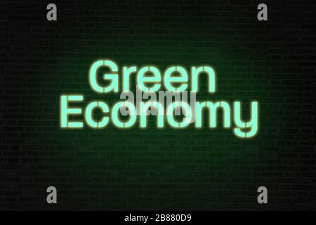 Open Sign in neon style on brick wall background and yellow glow Stock Photo