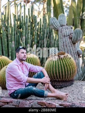 young men posing by cactus tree during vacation Gran Canaria Stock Photo