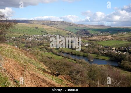 Birch Vale Reservoir, bent Hayfield and New Mills with Kinder in the background. Stock Photo