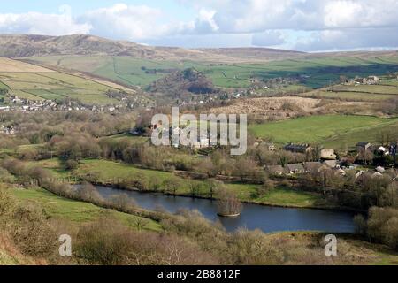 Birch Vale Reservoir, bent Hayfield and New Mills with Kinder in the background. Stock Photo