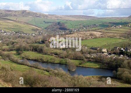 Birch Vale Reservoir, bent Hayfield and New Mills with Kinder in the background. Stock Photo