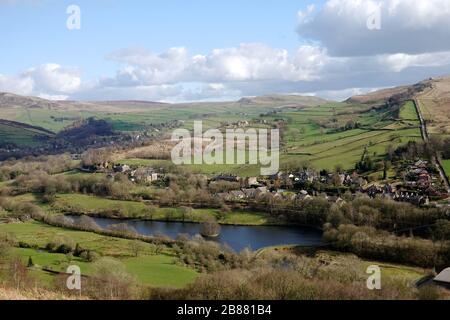 Birch Vale Reservoir, bent Hayfield and New Mills with Kinder in the background. Stock Photo