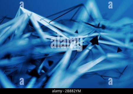 Abstract 3d rendering of chaotic plexus surface. Contemporary background with futuristic polygonal shape. Distorted low poly object with sharp lines. Stock Photo