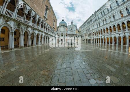 VENICE, ITALY - August 02, 2019: Courtyard of Doge s Palace - Palazzo Ducale afternoon after gentle rain. Stock Photo