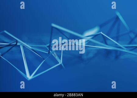 Abstract 3d rendering of chaotic plexus surface. Contemporary background with futuristic polygonal shape. Distorted low poly object with sharp lines. Stock Photo