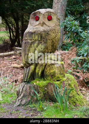 Owl carved out of a tree stump on the Sandringham Estate, Norfolk, UK Stock Photo